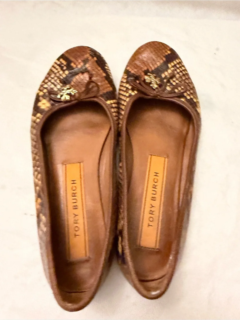 Tory Burch Brown & Tan Snakeskin-Print Ballet Flats with Gold Logo Charm, pre-ow